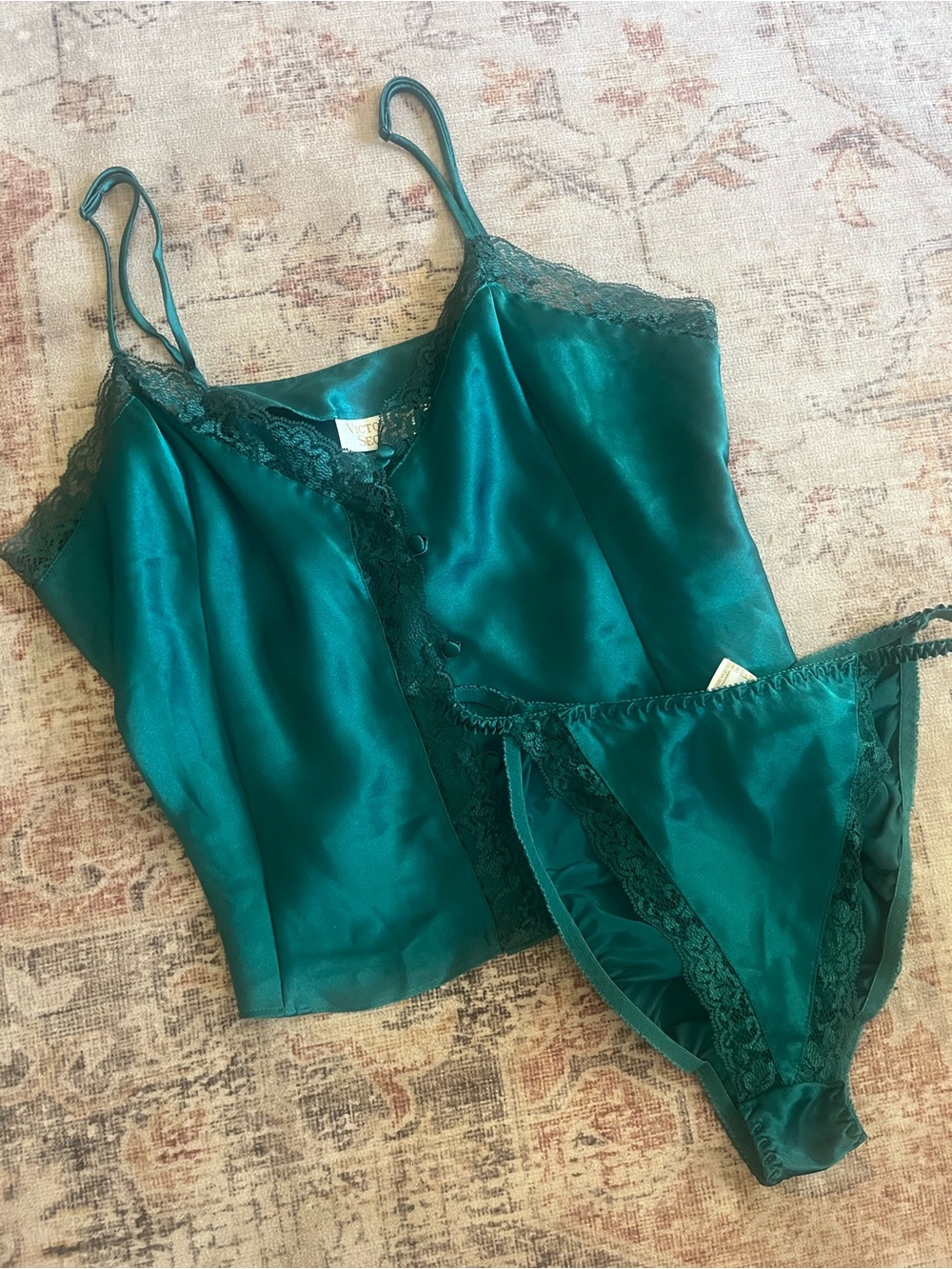 Vintage Victoria's Secret Teal Satin Lace Cami & Brief Set